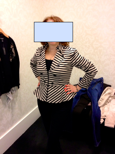 Tips: Yes, peplum is/was a trend, but the shape is actually quite classic. The stripes are narrow (read: slimming) and the diagonal cut is exactly where we want it. The jacket is shorter which allows her to show off her legs! To avoid major cleavage, always pair a v-neck with a scoop neck. This pretty lady is 5'2. When she wants to appear a bit taller, push up those sleeves, or wear 3/4" length tops. This also lets her show off meaningful bracelets. By the way, she's doing the 'red carpet pose.' This was once taught to me by a photographer; it's what celebrities learn to appear their slimmest—paparazzi!