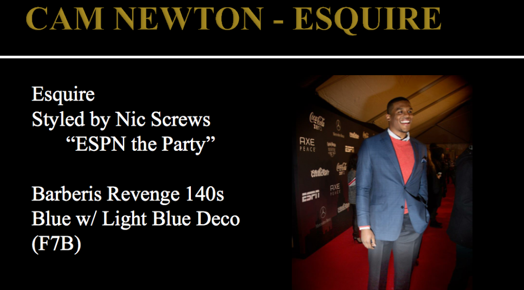 Carolina Panthers quarterback Cam Newton wearing a J.Hilburn  blue plaid sport coat at the ESPN ESQUIRE party