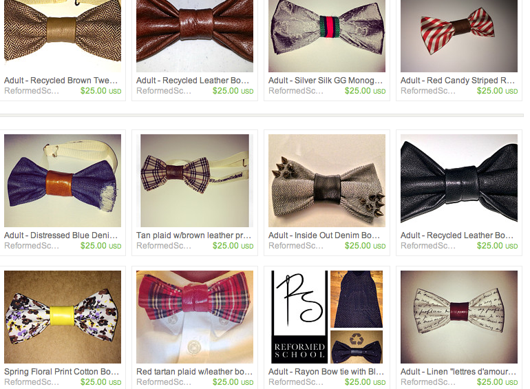 a display of Adult bow ties with leather, distressed denim, floral, studs and red tartan plaid
