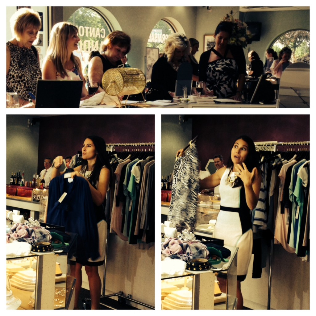 Lena Porter, Personal Stylist, holding up clothes at the Showroom of Elegance