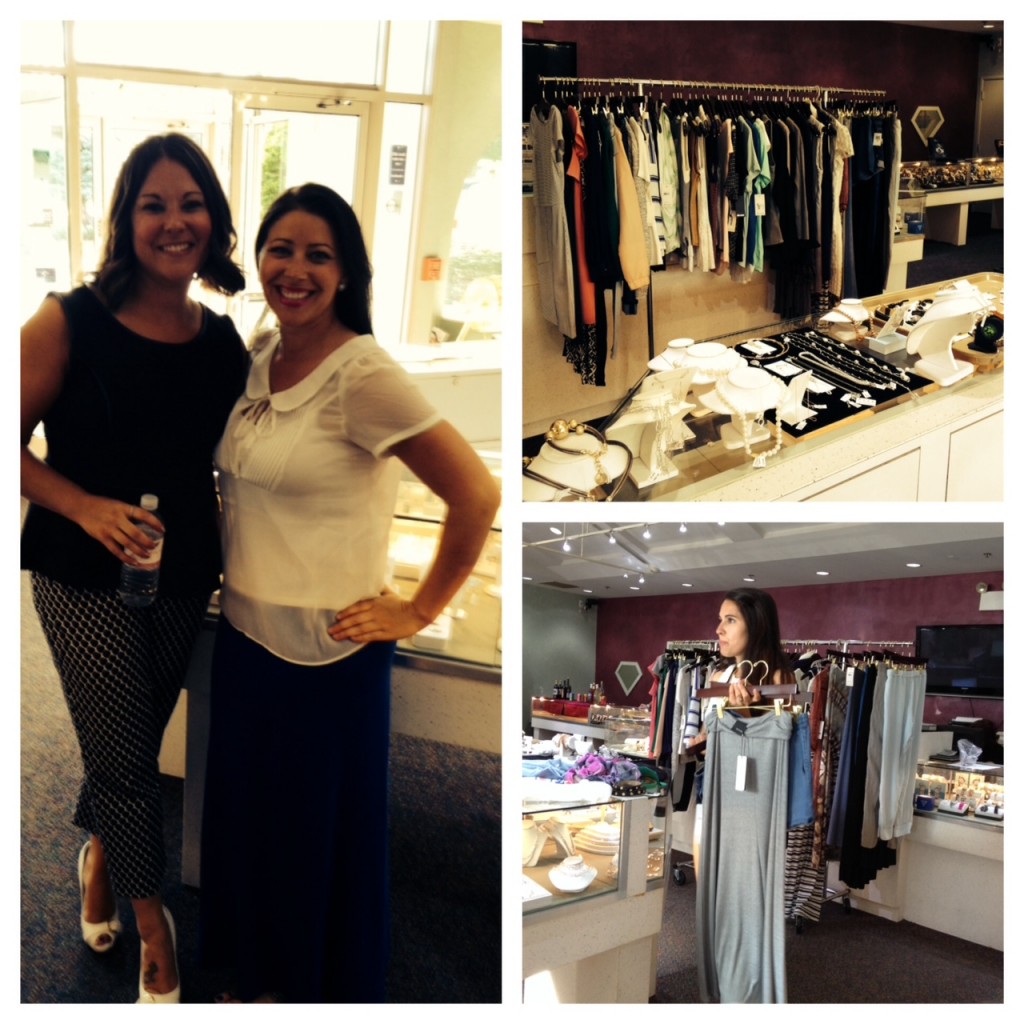 event planner and hair stylist pose for a picture, clothing and jewelry are displayed, a striped maxi skirt