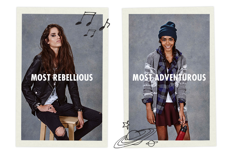 Aritzia models posing as Most Rebellious and Most Adventurous, leather jacket, plaid shirt