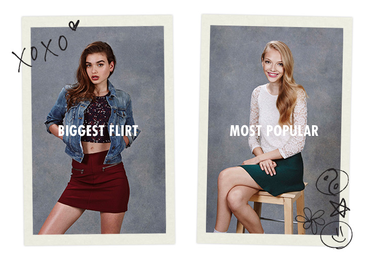 Aritzia models posing as 'biggest flirt' and 'most popular' mini skirt, denim jacket