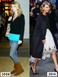 Taylor Swift in moccasin boots and long navy coat