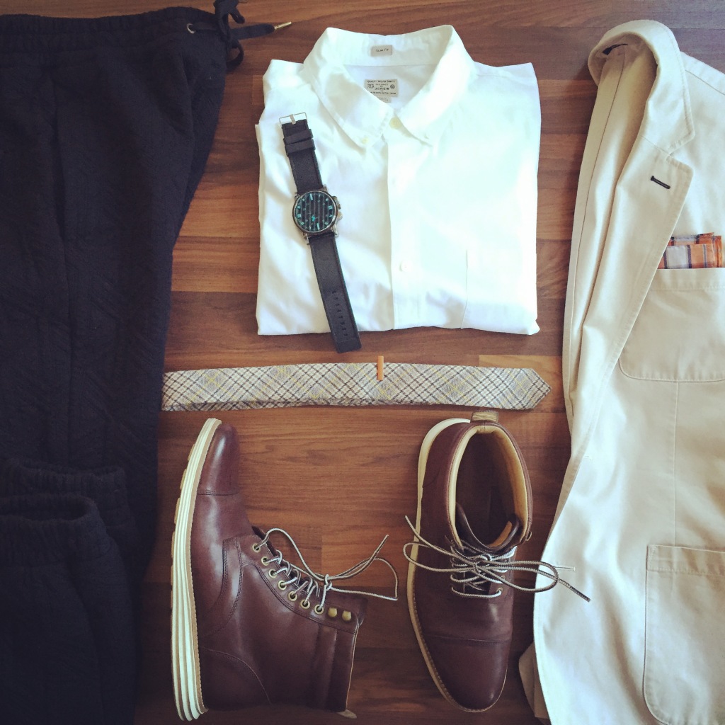 white dress shirt, brown cole haan boots, Bonobos khaki jacket, black joggers