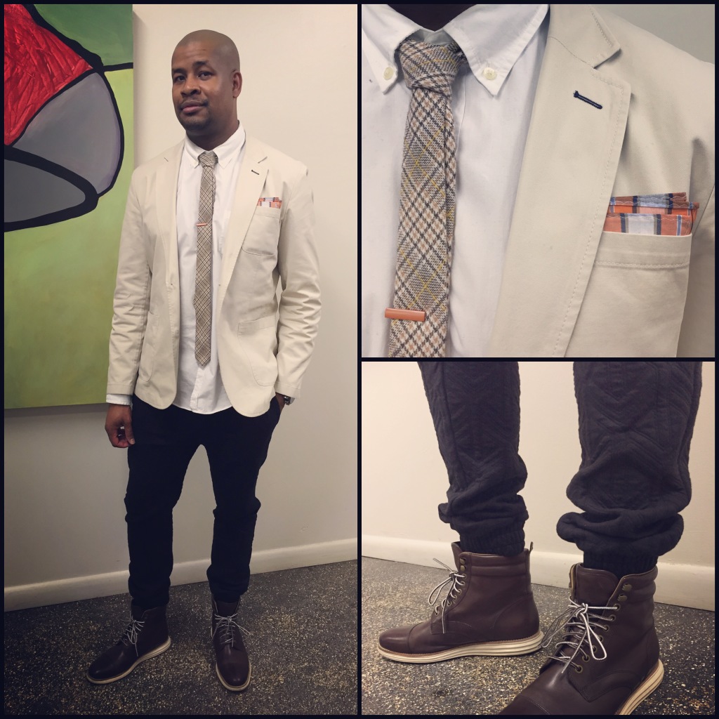 grey and yellow plaid tie, copper tie bar, orange pocket square