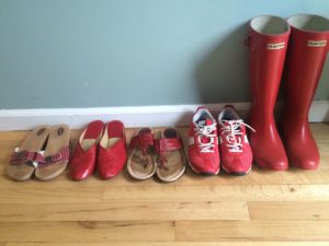 red hunter boots, red Nike, red slipper shoes, red stripe Dr. Scholl's, red Frye sandals