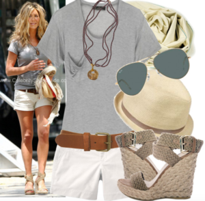 neutral wedge sandals, brown belt, white jean shorts, straw hat, aviator sunglasses, grey t-shirt